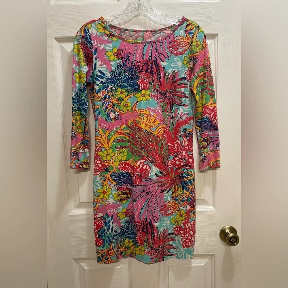 Lilly Pulitzer Marlowe Dress Size XXS Pima Cotton 3/4 Sleeves Tropical Colorful